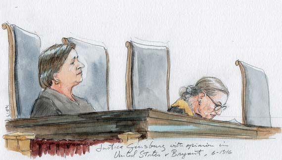 Kagan Justice Ginsburg with opinion in US v. Bryant (Kagan seated on left, Alito absent).