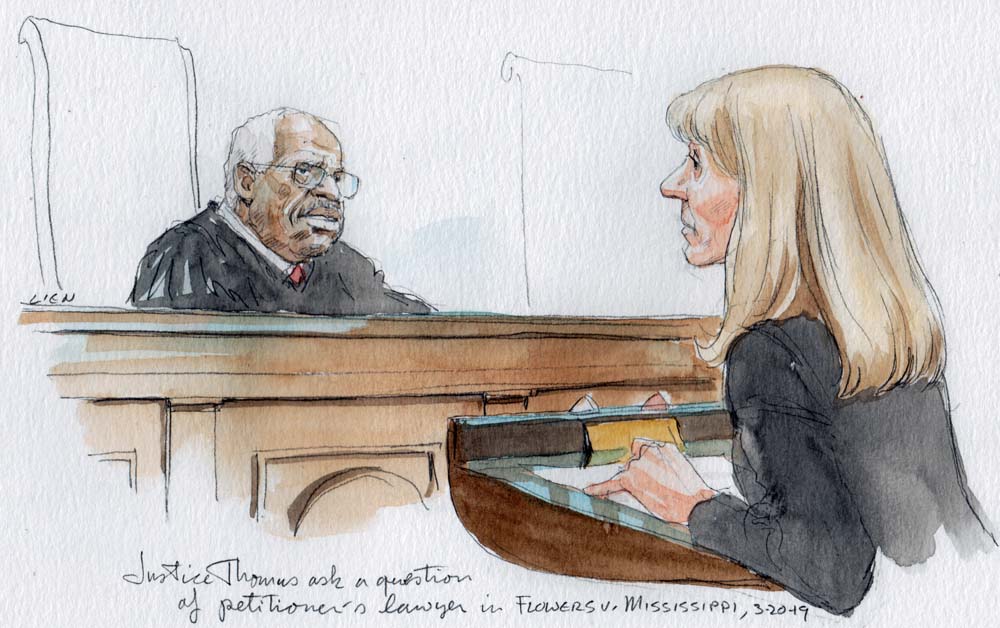 sketch of Justice Thomas in judicial robe sitting behind bench and looking at woman in dark suit standing at lectern