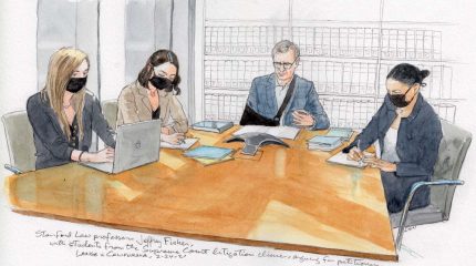 sketch of man and three women at conference table with speaker phone