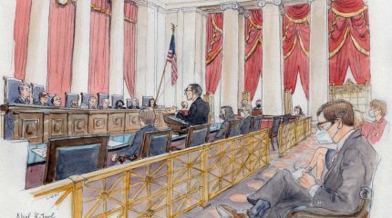 wide view of courtroom with nine justices sitting at bench, man standing at lectern, and several spectators wearing masks seated in gallery