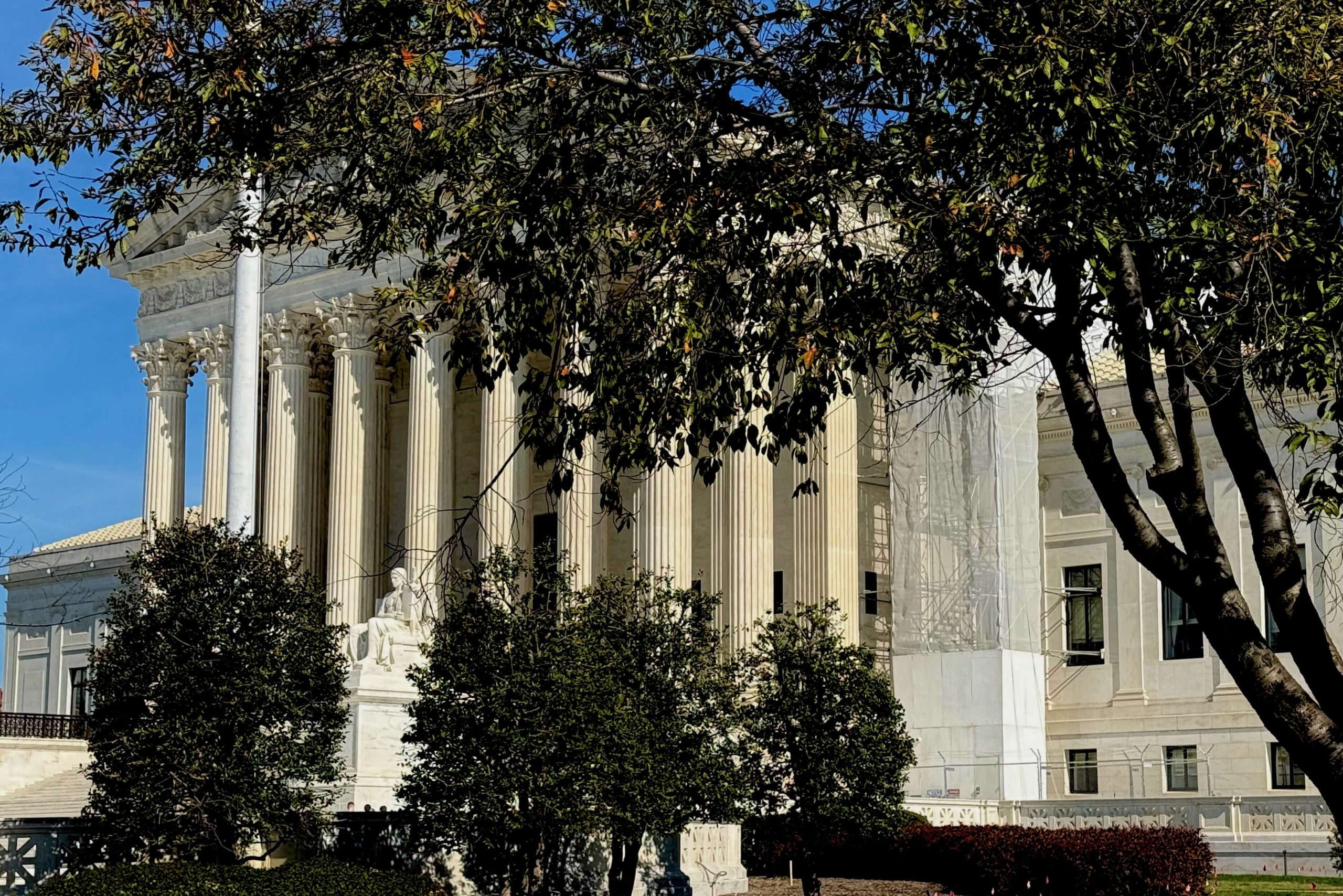 The Supreme Court building behind fall leaves